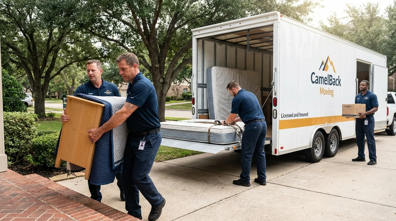 Crew loading residential truck for cross-state move from Westminster, CA