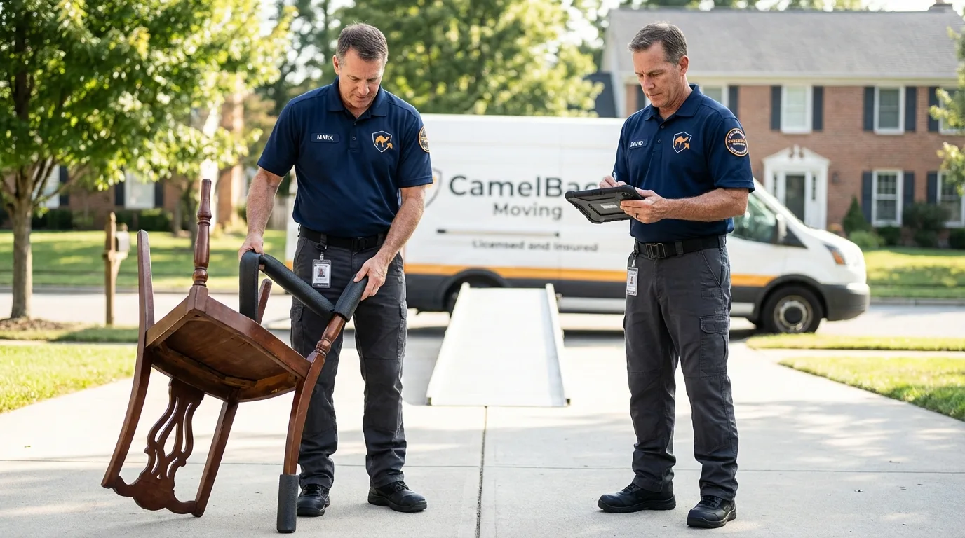 Movers inspecting furniture for damage prevention before loading in Westminster, CA