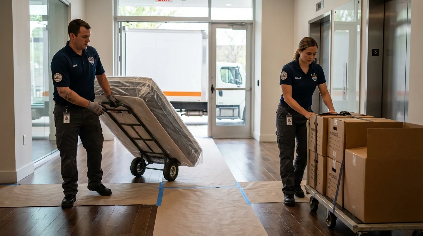 Professional apartment movers loading elevator in Westminster, CA