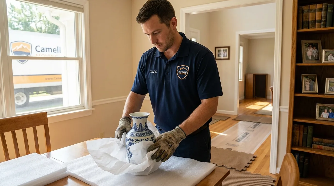 Professional crew carefully wrapping antique vase for senior downsizing move in Westminster, CA